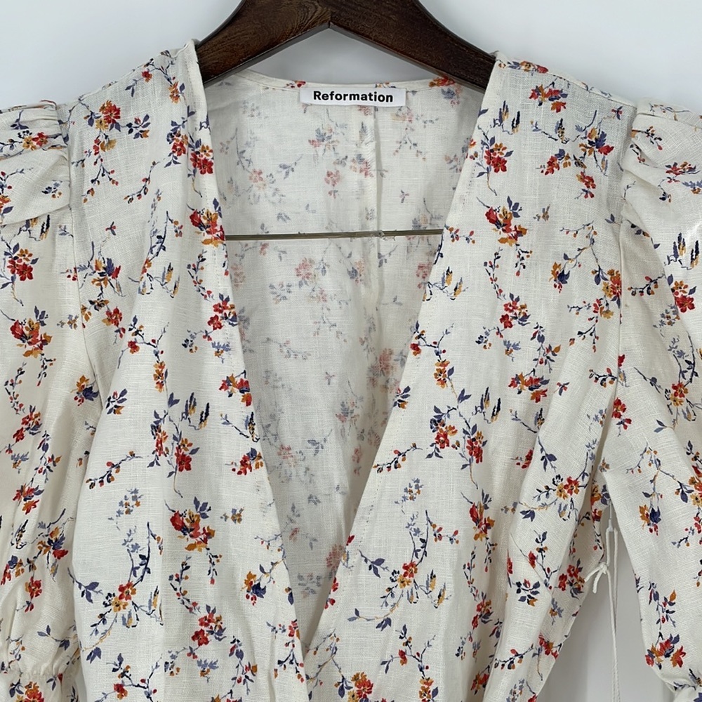 REFORMATION Carmelo Gabrielle Linen Floral Wrap Mini Dress - Picture 12 of 16